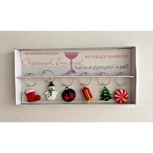 NWOT Meadowsweet Kitchens Wine Glass Drink Charms Christmas Ornament Set Of 6